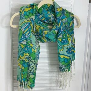 Lilly Pulitzer Silk/Cashmere Vibrant Green & Blue Murfee Tassel Butterfly Scarf